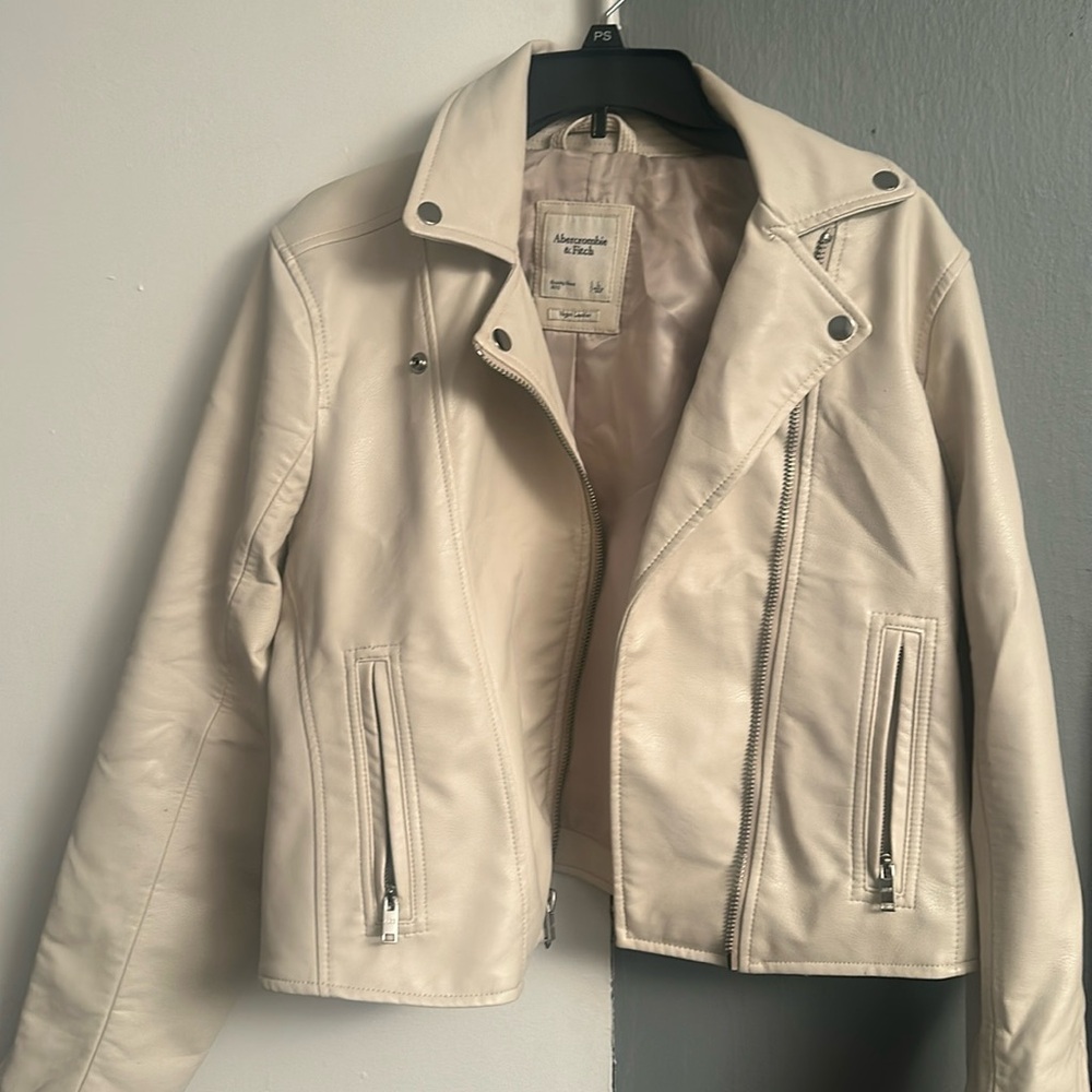 Abercrombie & Fitch Cream Leather Moto Jacket